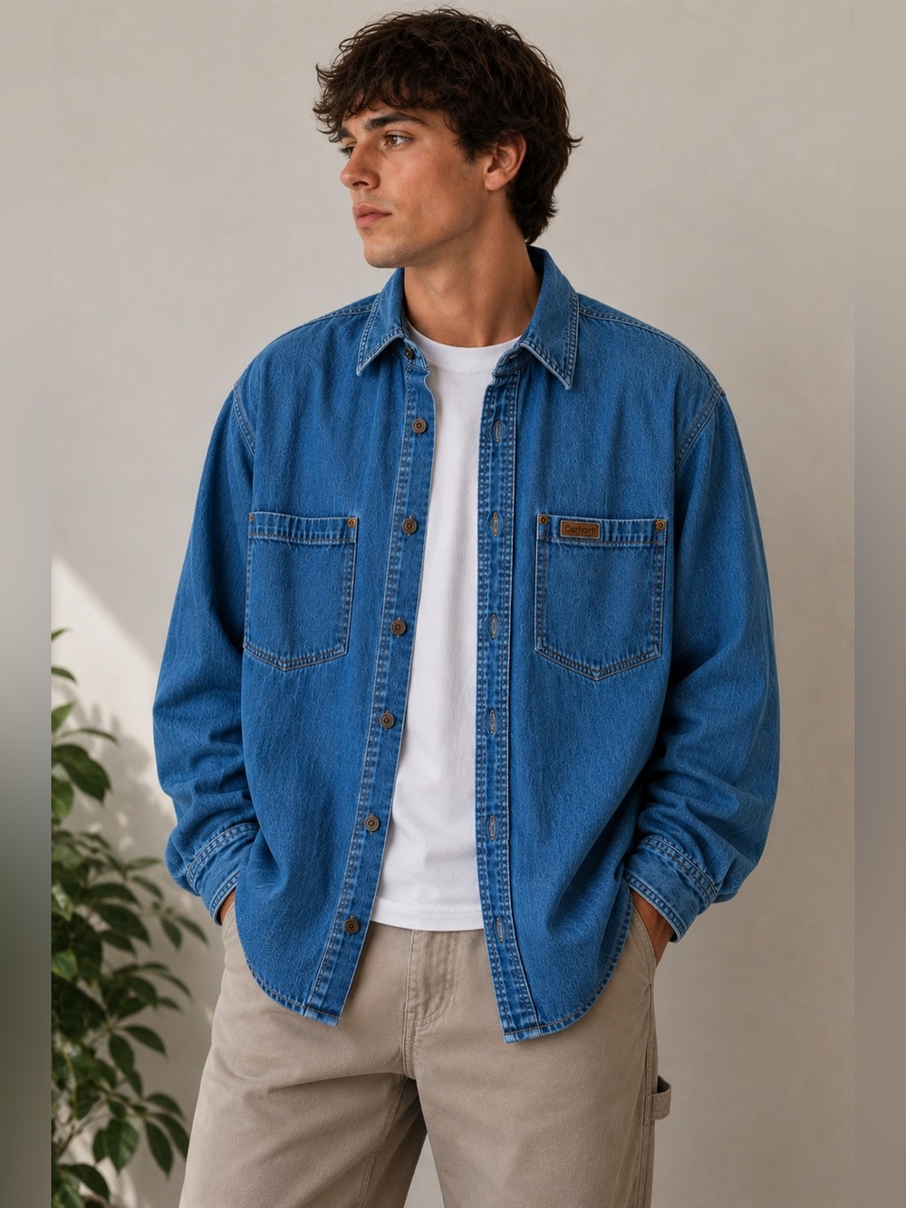 Carhartt Denim Button Up Work Shirt Large Blue Cotton Western Utility Shirt